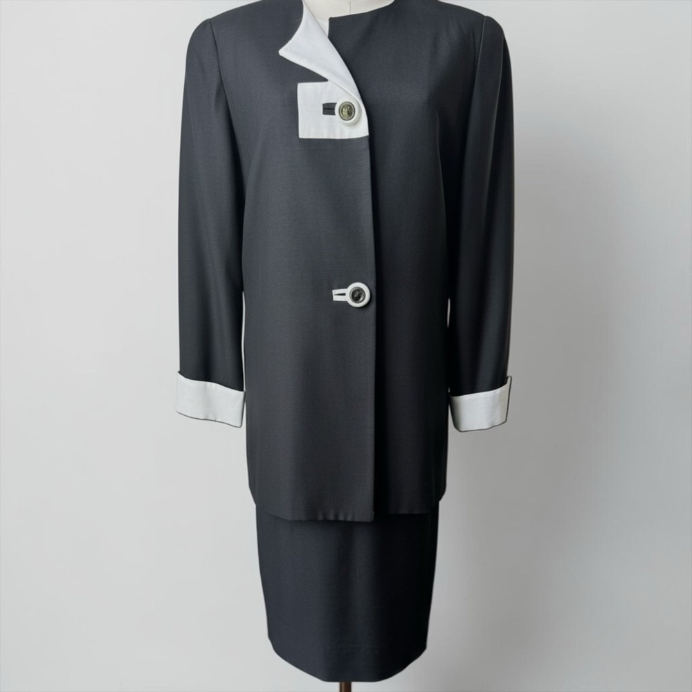 Vintage Helga Black White Linen Blend Dress Suit Minimalist Vintage